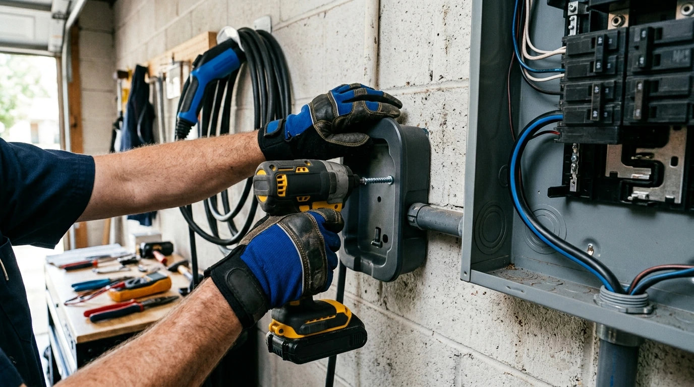 Technicien installant une borne de recharge électrique